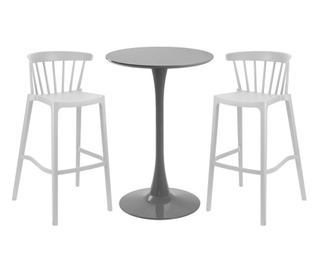 Set mobilier bar RAKI ASPEN, masa rotunda gri D60xh110cm si 2 scaune polipropilena albe 51x54xh103cm