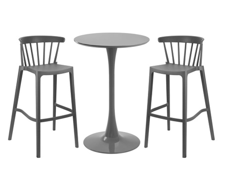 Set mobilier bar gri RAKI ASPEN, masa rotunda D60xh110cm si 2 scaune polipropilena 51x54xh103cm