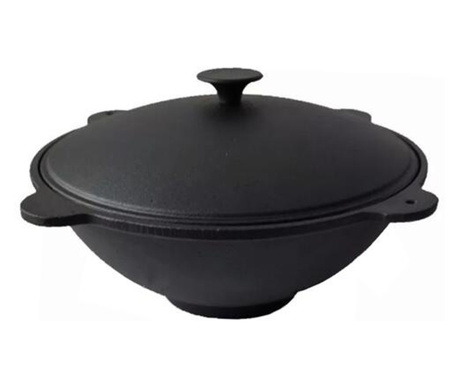 Oala de fonta tip wok, cu capac, 51.5x26 cm, Perfect Home