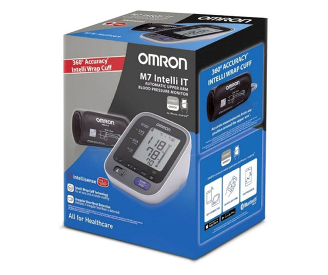 Monitor automat de tensiune arterială Omron M7 Intelli, afișaj dublu, mediere, Bluetooth, memorie 100 de măsurători pentru 2 uti