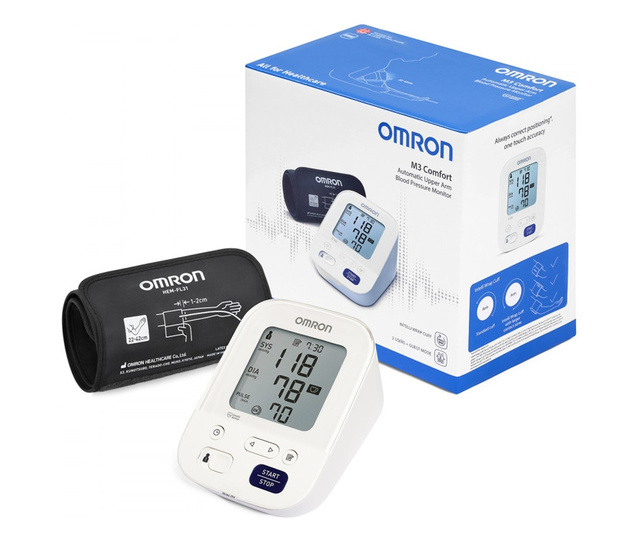 Monitor de tensiune arterială Omron M3 Comfort, Braț 22-42 cm, Memorie până la 60 de măsurători pentru 2 utilizatori, Funcție de