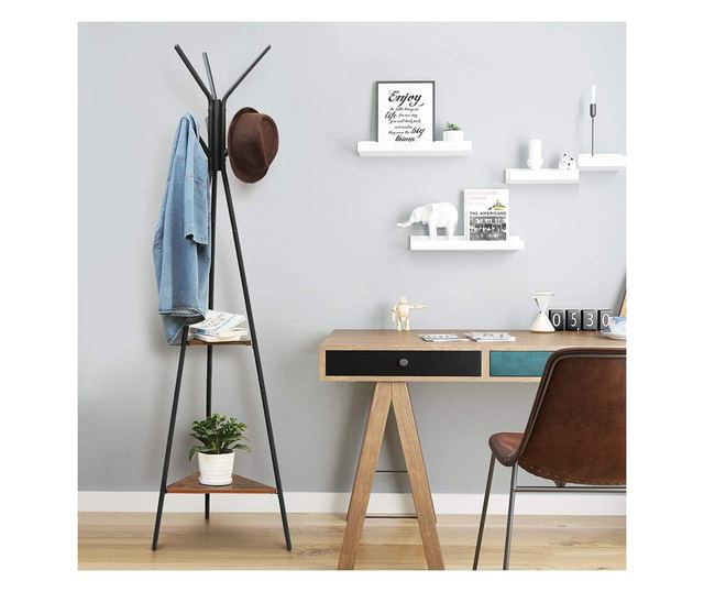 Věšák na kabáty, Songmics, 6 háčků, 2 police, kov, černý, 49x49x179 cm