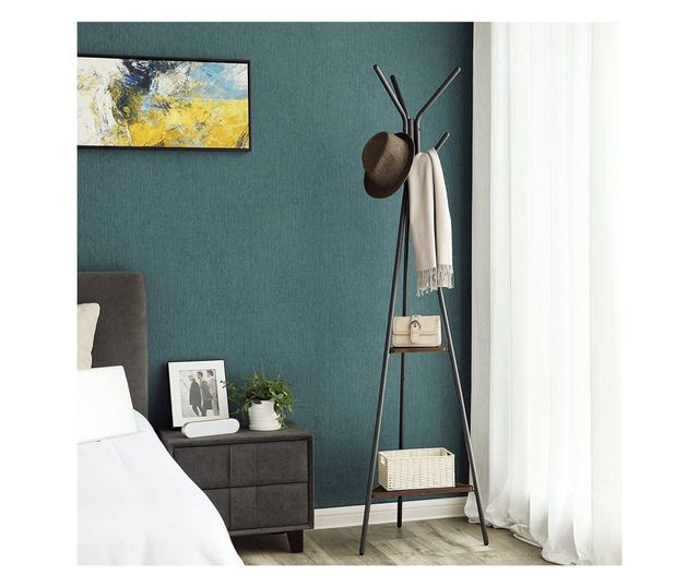 Věšák na kabáty, Songmics, 6 háčků, 2 police, kov, černý, 49x49x179 cm