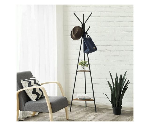 Věšák na kabáty, Songmics, 6 háčků, 2 police, kov, černý, 49x49x179 cm