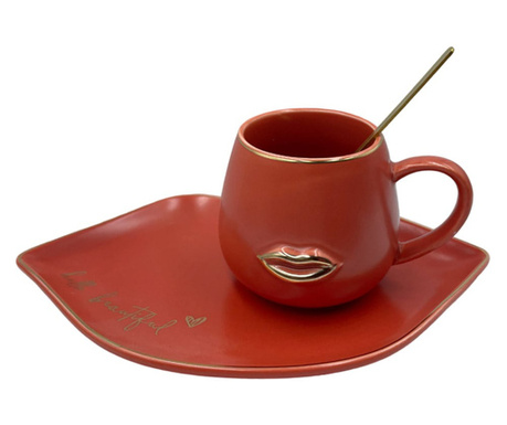 Pufo Красива керамична чаша с чинийка и лъжичка за кафе или чай, червена