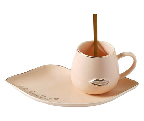Керамична чаша с чиния и чаена лъжичка Pufo Красива за кафе или чай, сметана