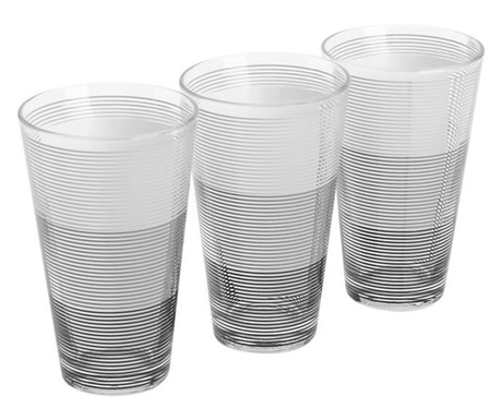 Комплект чаши Borgonovo, 3 бр, Дизайн на райе, Стъкло, 8x13,5 см, 330 мл, Прозрачен/Сив