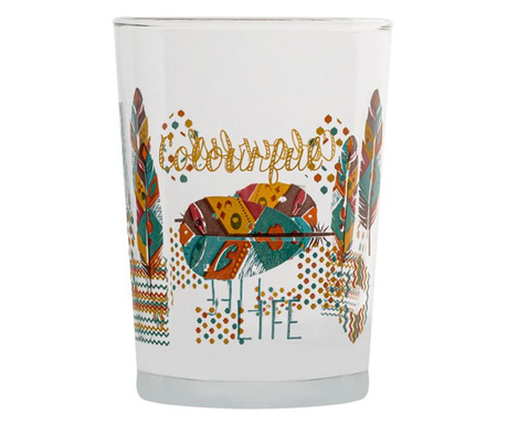 Стъклена чаша, Дизайн на пера, Послание "Colorful Life", Стъкло, 9х12 см, 510 мл, Прозрачен