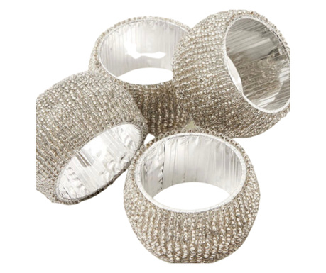 Комплект от 4 поставки за салфетки, пръстен, мъниста, сребро, 4x3 cm