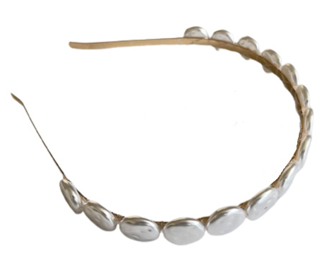 Гребен за коса, Метал, Декориран с бяла перла, 40x2 cm, Златен/перлен месинг