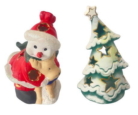 Комплект от 2 коледни фигурки, Декоративни свещи, Снежен човек, Брад, Естествена глина, 10x10x15 cm и 10x7x17 cm, Кардиналско че