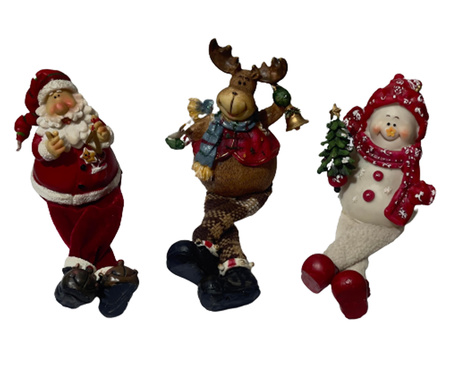 Комплект от 3 коледни фигурки, Дядо Коледа, еленът Рудолф, снежен човек, полиестер, текстил, 12x7x22 cm, многоцветен