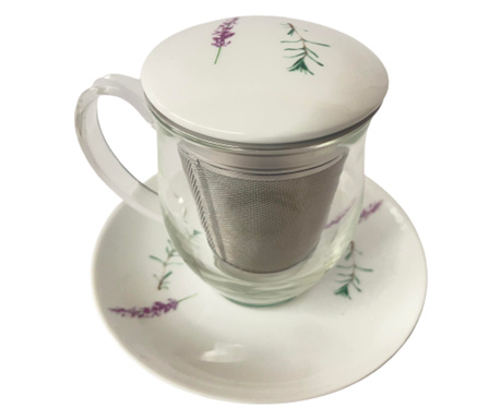 Чаша с инфузор, плоча и капак, За чай, Стъкло/Inox/Portelan, Печат на лавандула, 350 ml, Natur/Floral print