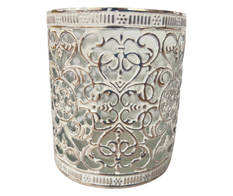 Декоративен предмет, Свещник за ароматизирана свещ, Метал с оребрена форма, Стъкло, 7,5х9 см, Антично бяло/бледо злато