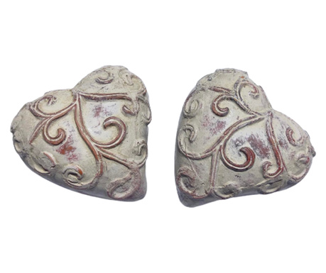 Комплект от 2 декоративни предмета, Сърце, Релефна дантела, Антик Лут, 10x9x6 cm, Патиниран крем