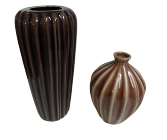 Комплект от 2 вази, Посуда, Вълнообразна керамика, 12 x24 и 12x15 cm, Червеникавокафяв/кремав цвят