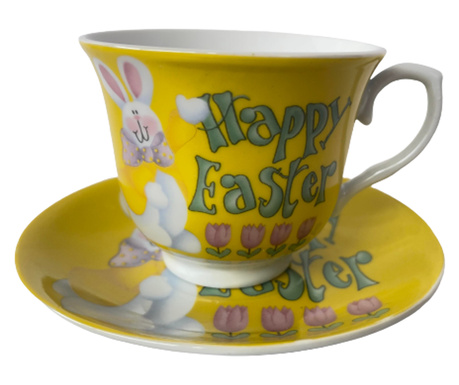 Комплект чиния и чаша със зайче и лалета, Happy Easter, Великден, Порцелан, 250 мл, 2 броя, Бананово жълто, Бяло