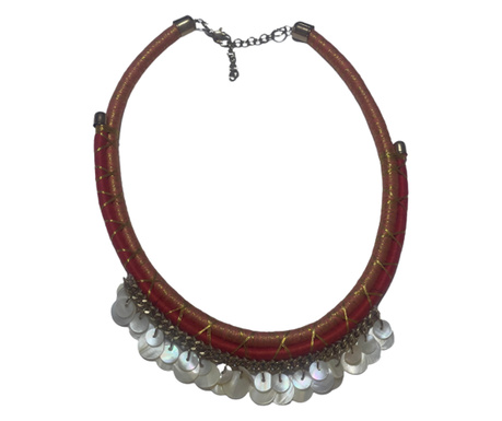 Ръчно изработен медальон, регулируем, метал, памук, естествена страна, 57x4 cm, златисто оранжево, червена перла
