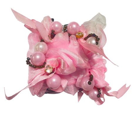 Щипка за коса с 2 гребена, С перли, мъниста и кристали, Текстил, Метал, 15x8 cm, Розов