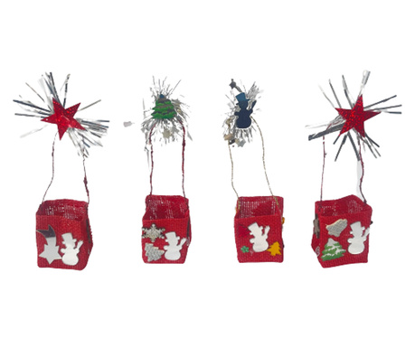 4 díszkosárból álló készlet, Karácsony, Édességhez, Hóember, Fenyő, Csillagok, Textil, 7x5x21 cm, Piros