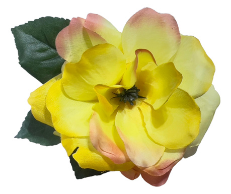 Rózsa 3D, Bross, Nyilatkozat, 3 az 1-ben, Bross/Klipek haj/Mídervirág, Virág, Textil, 15 cm, Sárga/Zöld