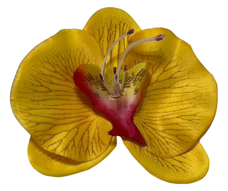 Orchidea bross, Kézzel készített, Nyilatkozat, 3 az 1-ben, Hajcsatok, Mellvirág, 3D virág, Textil, Fém 12x10 cm, Élénk sárga