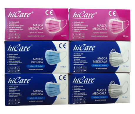 300 HiCare maszkból álló készlet (4 doboz rózsaszín orvosi maszk BFE>99% és kék orvosi maszk BFE-vel >98%, és 2 doboz kék higién