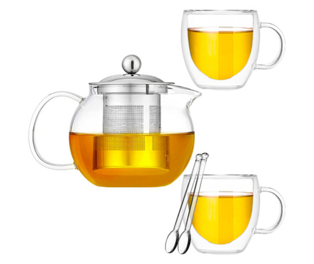Комплект чайник с цедка и чаши Quasar & Co., 650 ml/2 x 250 ml, 2 x лъжица, Прозрачен