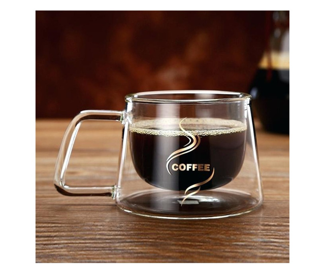 Set ceasca cu pereti dubli si lingurita, Quasar & Co., model COFFEE, termorezistenta, lingurita cafea, 250 ml, sticla, transpar