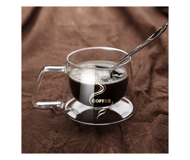 Set ceasca cu pereti dubli si lingurita, Quasar & Co., model COFFEE, termorezistenta, lingurita cafea, 250 ml, sticla, transpar