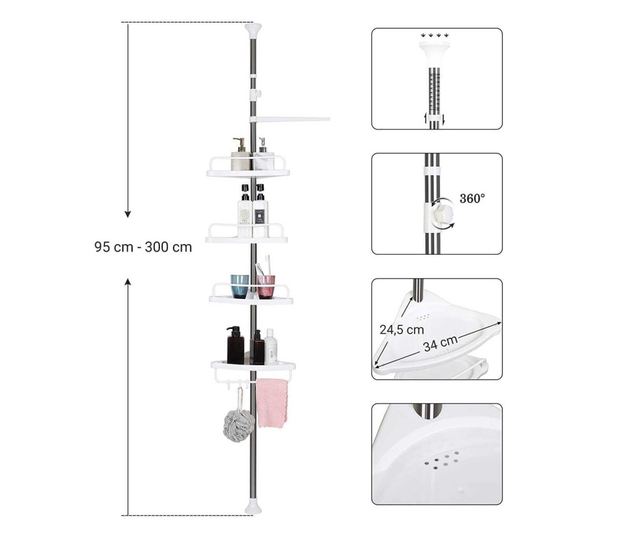 VASAGLE Nastavitelná police do koupelny/sprchy, ocelová, 4 police, věšák, 95-300 cm