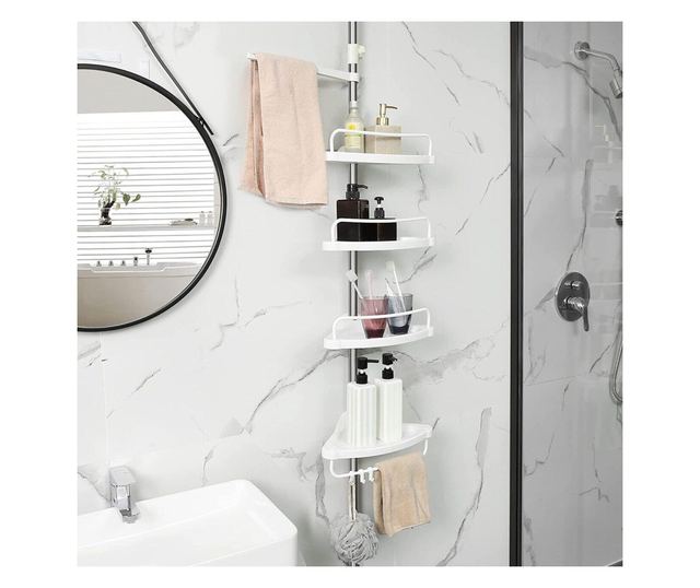 VASAGLE Nastavitelná police do koupelny/sprchy, ocelová, 4 police, věšák, 95-300 cm