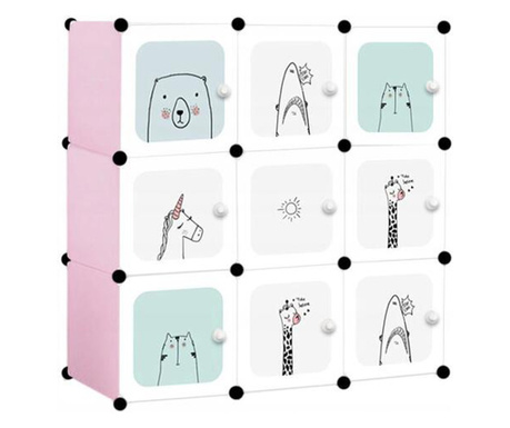 Moduláris gyermekszekrény, Mufart, műanyag, 9 rekeszes, fehér és rózsaszín, 110x37x110 cm