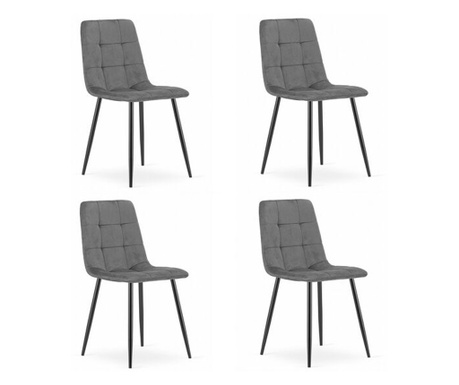 Комплект от 4 стола Скандинавски стил, Меркатон, Кара, кадифе, метал, сиво и черно, 44.5х50.5х87 см