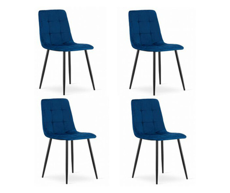 Комплект от 4 стола Скандинавски стил, Меркатон, Кара, кадифе, метал, морско синьо и черно, 44.5х50.5х87 см