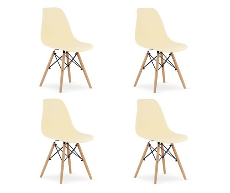 Комплект от 4 стола в скандинавски стил, Mercaton, Осака, PP, дърво, кремаво и натурално, 46x54x81 cm