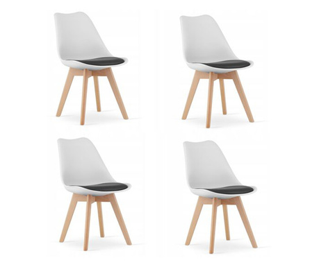 Комплект от 4 стола Скандинавски стил, Mercaton, Mark, PP, дърво, бяла, черна възглавница, 49x43x82 см