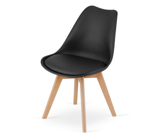 Set 4 buc, Scaune Stil Scandinav, cu Picioare din Lemn de Fag, Sezut din PP si Perna din Piele Ecologica, 49 x 43 x 82 cm, Negru