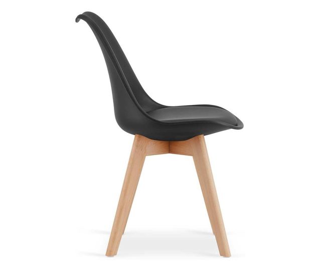 Set 4 buc, Scaune Stil Scandinav, cu Picioare din Lemn de Fag, Sezut din PP si Perna din Piele Ecologica, 49 x 43 x 82 cm, Negru