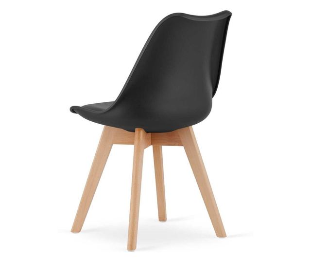 Set 4 buc, Scaune Stil Scandinav, cu Picioare din Lemn de Fag, Sezut din PP si Perna din Piele Ecologica, 49 x 43 x 82 cm, Negru