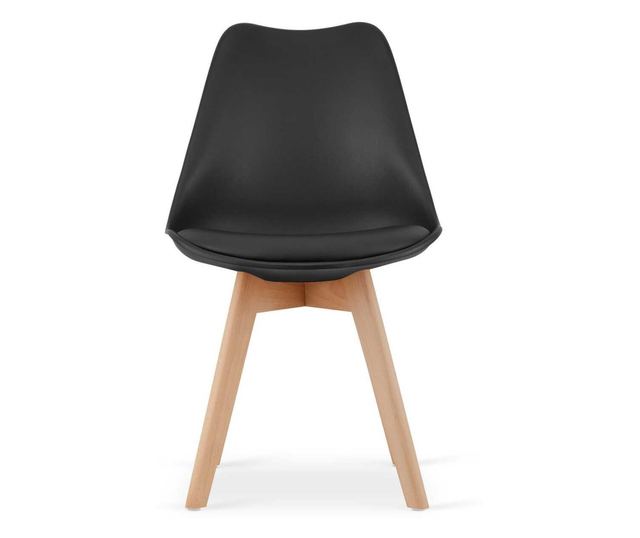 Set 4 buc, Scaune Stil Scandinav, cu Picioare din Lemn de Fag, Sezut din PP si Perna din Piele Ecologica, 49 x 43 x 82 cm, Negru