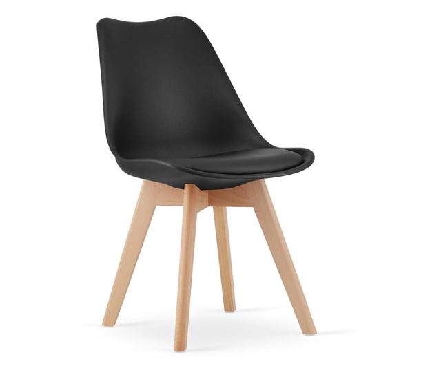 Set 4 buc, Scaune Stil Scandinav, cu Picioare din Lemn de Fag, Sezut din PP si Perna din Piele Ecologica, 49 x 43 x 82 cm, Negru
