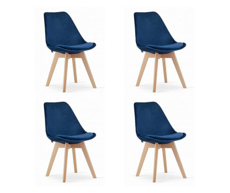 Комплект от 4 стола Скандинавски стил, Меркатон, Облаци, кадифе, дърво, синьо, 48.5х54х84 см