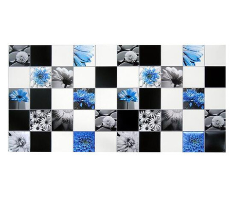 Декоративен панел, PVC, флорален десен, бяло, черно и синьо, 96x48,5 cm