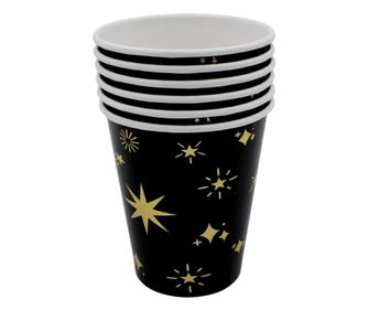 Set 6 pahare 260 ml negru-auriu stelute