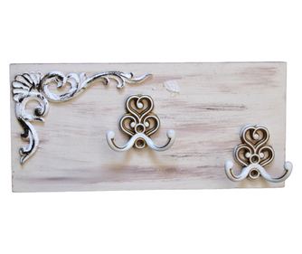 Cuier cu 4 agatatori, alb antichizat, 14 x 30 cm