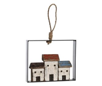 Decoratiune de perete, cadru metalic si model casute, 18x15 cm