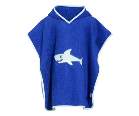 Prosop de baie, stil poncho, cu gluga atasata, din bumbac absorbant, pentru baieti, model cu rechin, albastru,  dimensiuni 70x75