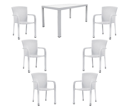 RAKI MACAPA Set mobilier gradina ratan sintetic alb, masa 150x90xh75cm cu 6 scaune 56x56xh82cm
