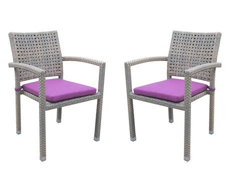 RAKI ROKHA Set 2 scaune gradina/terasa cu brate, poliratan, cadru aluminiu, perna mov